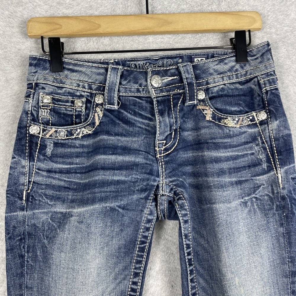 Miss Me Embellished Cropped Straight Leg Jeans Womens 25 Medium Wash Rhinestone - Picture 3 of 15